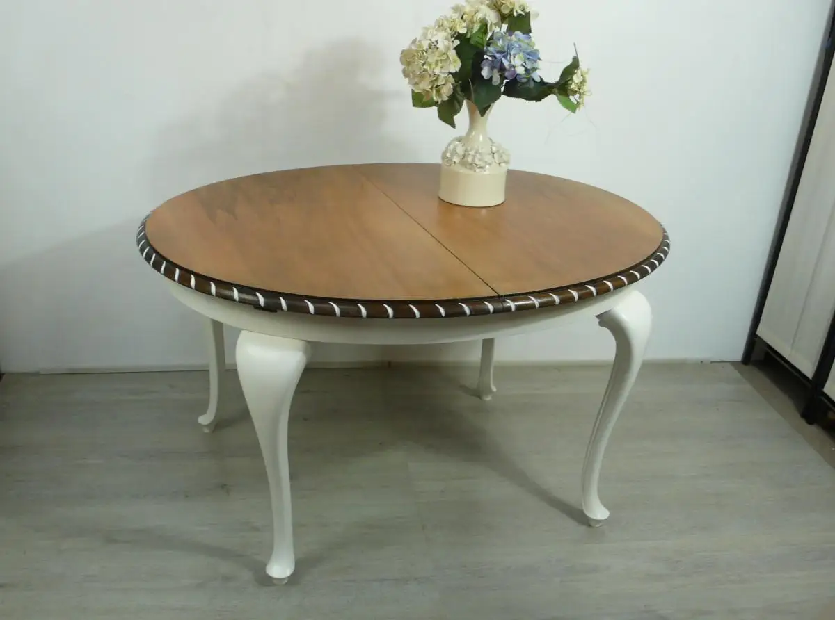 Großer Esstisch Oval Chippendale Stil ausziehbar Weiß + Nußaum Natur ca 1930er 0