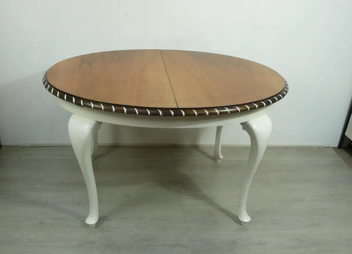 Großer Esstisch Oval Chippendale Stil ausziehbar Weiß + Nußaum Natur ca 1930er 1