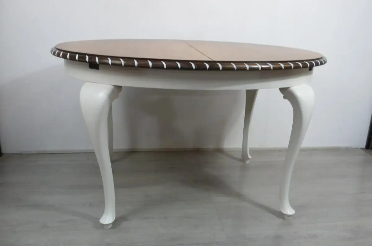 Großer Esstisch Oval Chippendale Stil ausziehbar Weiß + Nußaum Natur ca 1930er 2