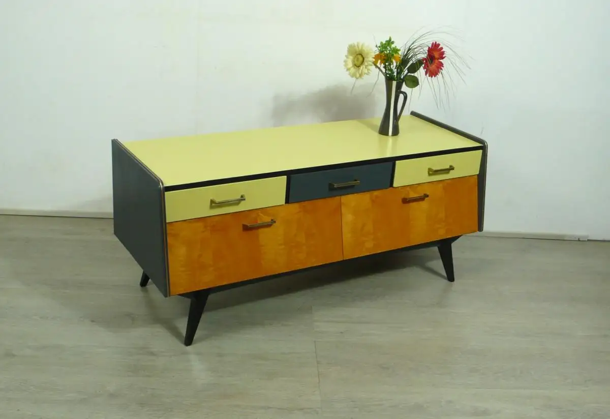 50er 60er Kommode Lowboard Grau Hellgelb Birke 3 Schubladen 2 Klapptüren Mid Century Modern 0