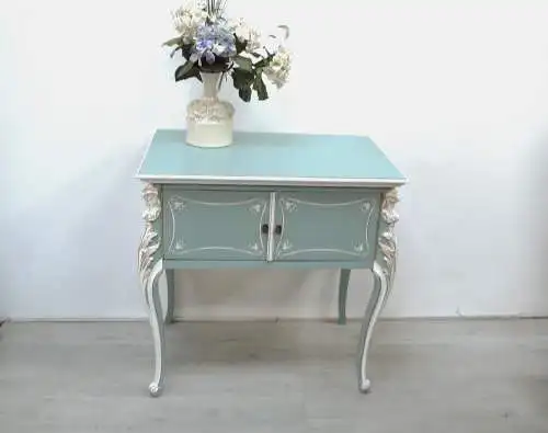 Konsolentisch Anrichte mit Türfach, Vollholz um 1930, im Chippendale Barock Stil,  Mint Weiß Gold, handbemalt 