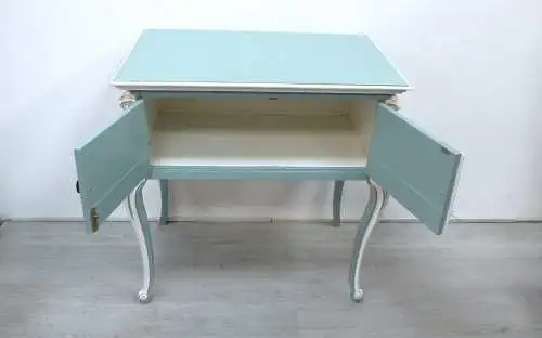 Konsolentisch Anrichte mit Türfach, Vollholz um 1930, im Chippendale Barock Stil,  Mint Weiß Gold, handbemalt 