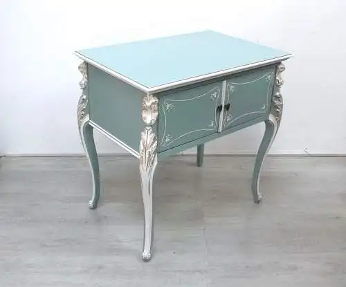 Konsolentisch Anrichte mit Türfach, Vollholz um 1930, im Chippendale Barock Stil,  Mint Weiß Gold, handbemalt 