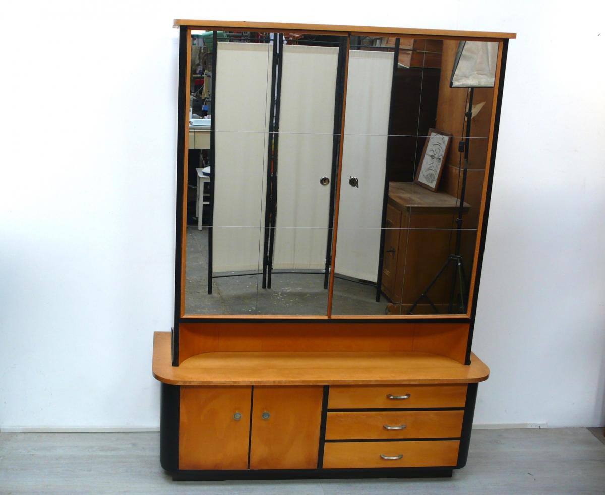 50er Wäscheschrank mit Spiegeltüren mit Kommode Buche + Schwarz Mid Century