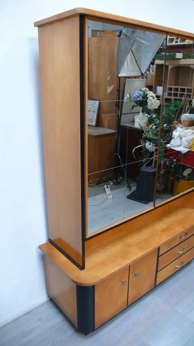 50er Wäscheschrank mit Spiegeltüren mit Kommode Buche + Schwarz Mid Century 1