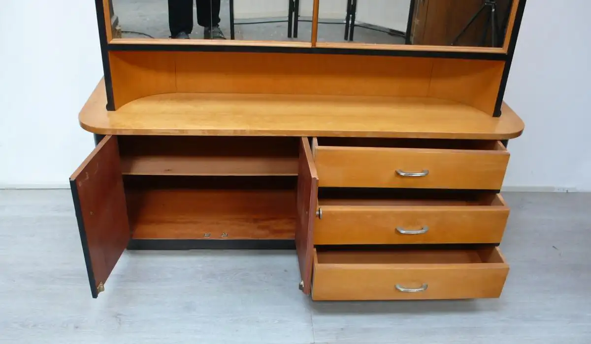 50er Wäscheschrank mit Spiegeltüren mit Kommode Buche + Schwarz Mid Century 3
