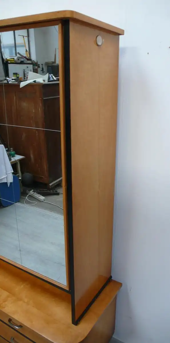 50er Wäscheschrank mit Spiegeltüren mit Kommode Buche + Schwarz Mid Century 4