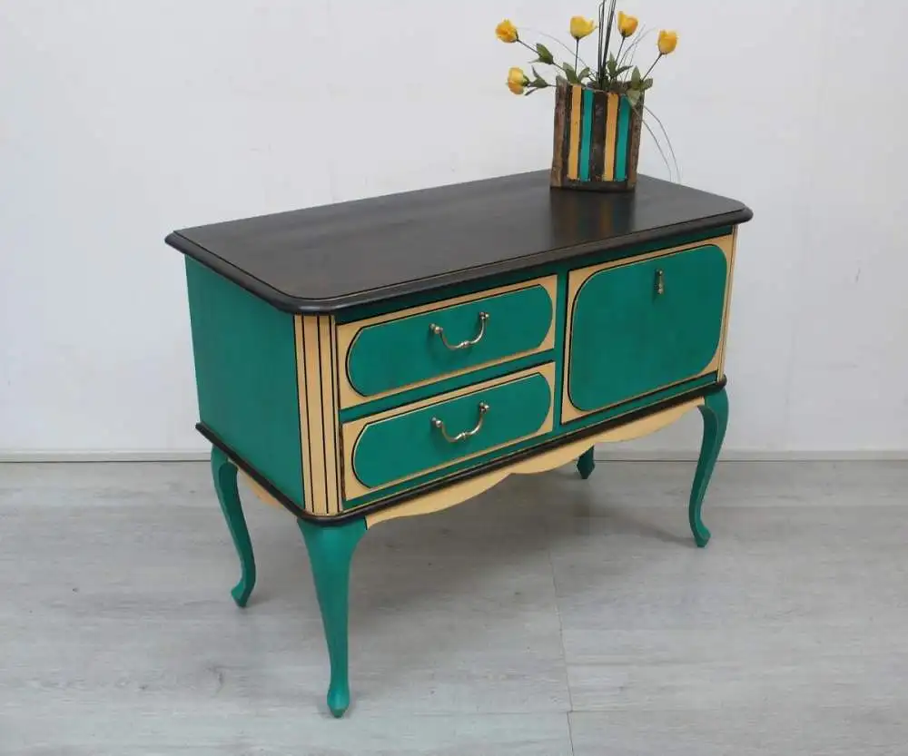 Alte Chippendale Kommode Konsolentisch Türkis-Grün + Sahara-Gelb, Eiche dkl, 2 Schubl 1 Klapptüre, handbemalt 1