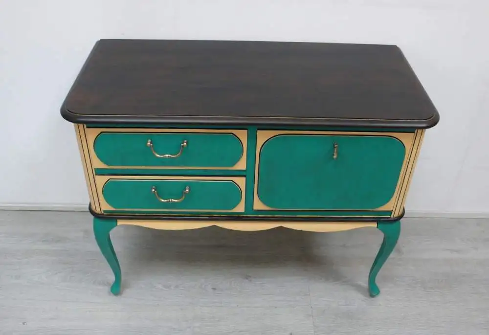 Alte Chippendale Kommode Konsolentisch Türkis-Grün + Sahara-Gelb, Eiche dkl, 2 Schubl 1 Klapptüre, handbemalt 2