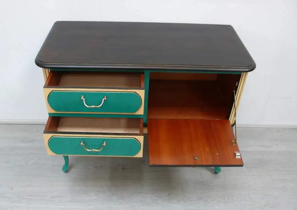Alte Chippendale Kommode Konsolentisch Türkis-Grün + Sahara-Gelb, Eiche dkl, 2 Schubl 1 Klapptüre, handbemalt 3