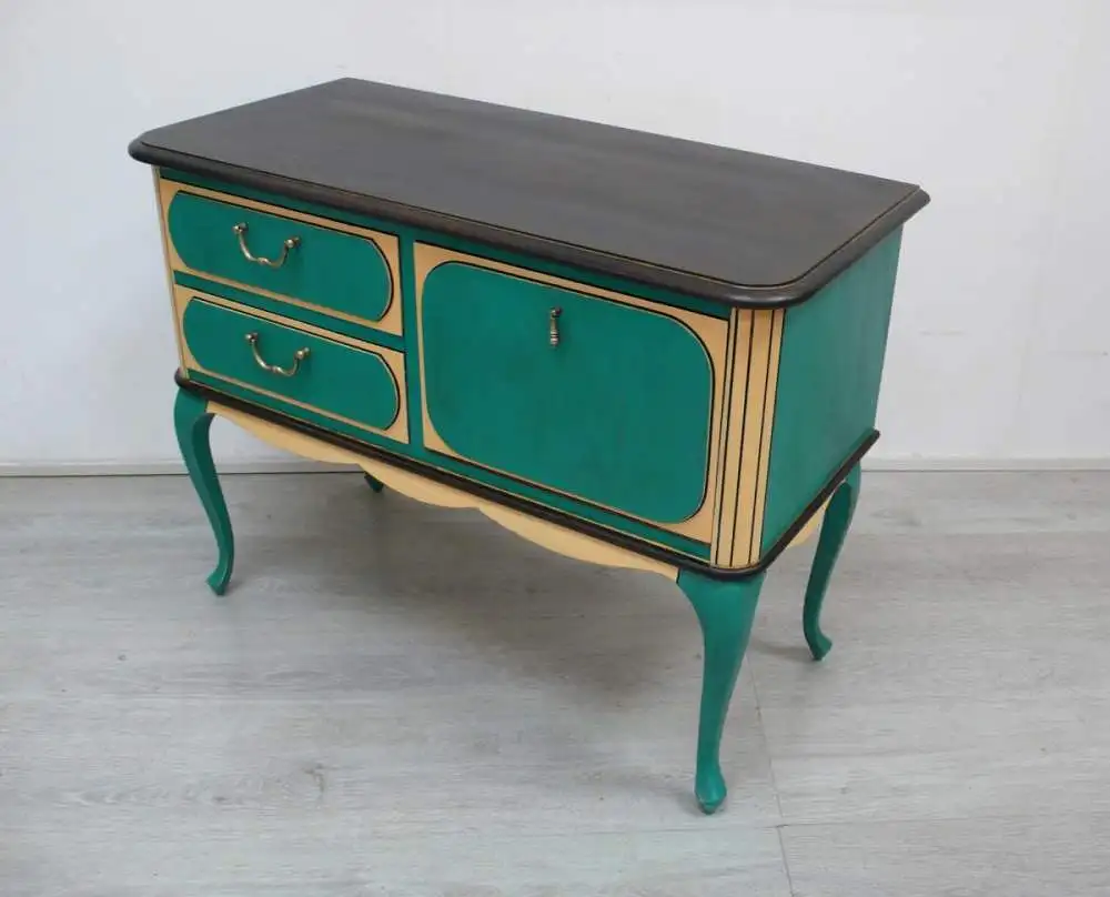 Alte Chippendale Kommode Konsolentisch Türkis-Grün + Sahara-Gelb, Eiche dkl, 2 Schubl 1 Klapptüre, handbemalt 4
