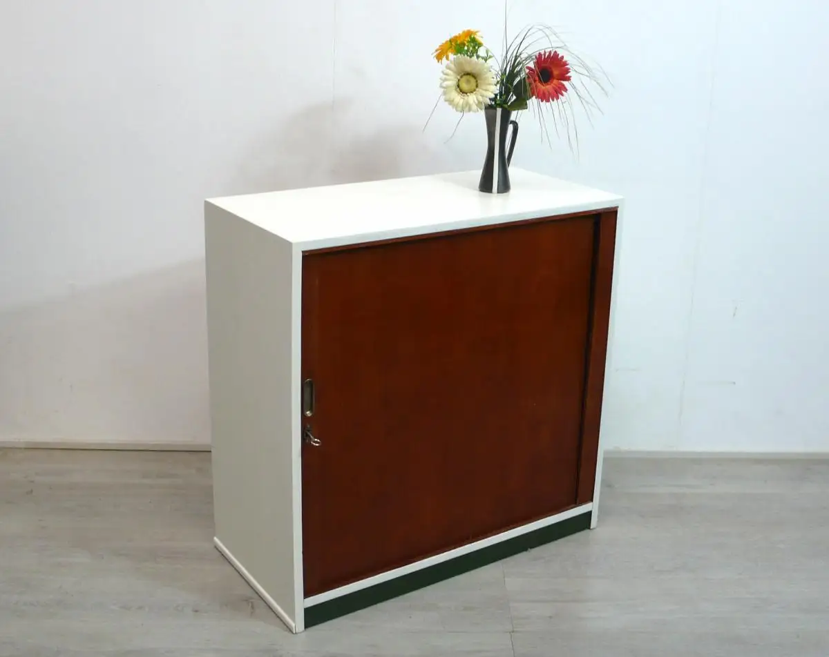Büro Rolladenschrank mit Schiebetüre Akten Sideboard, 40er 50er, außen Weiß, Eiche Natur Türe 0
