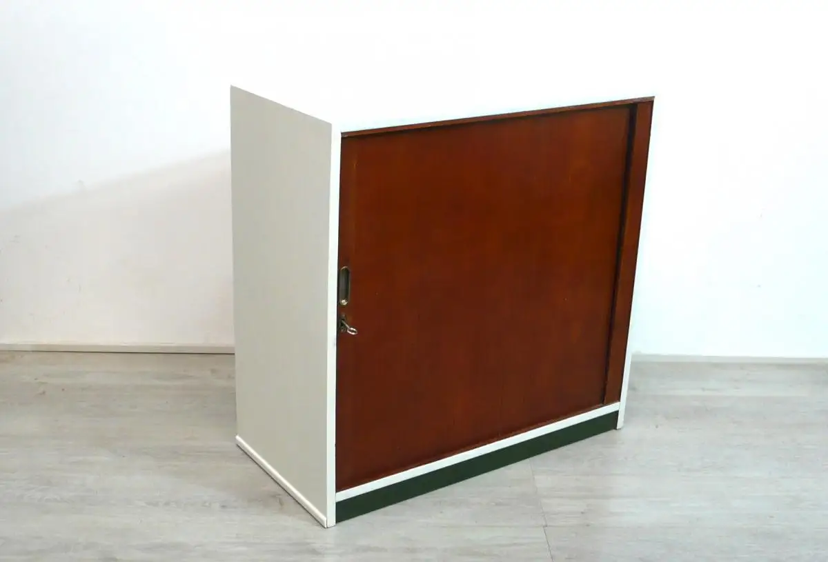 Büro Rolladenschrank mit Schiebetüre Akten Sideboard, 40er 50er, außen Weiß, Eiche Natur Türe 1
