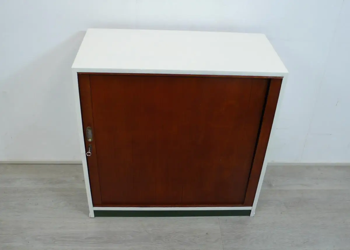 Büro Rolladenschrank mit Schiebetüre Akten Sideboard, 40er 50er, außen Weiß, Eiche Natur Türe 2