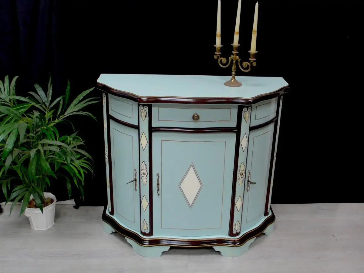 Sideboard Anrichte halbrund Antik Stil 3-türig in Mint auf Nuß dunkel, kunstvoll handbemalt 0