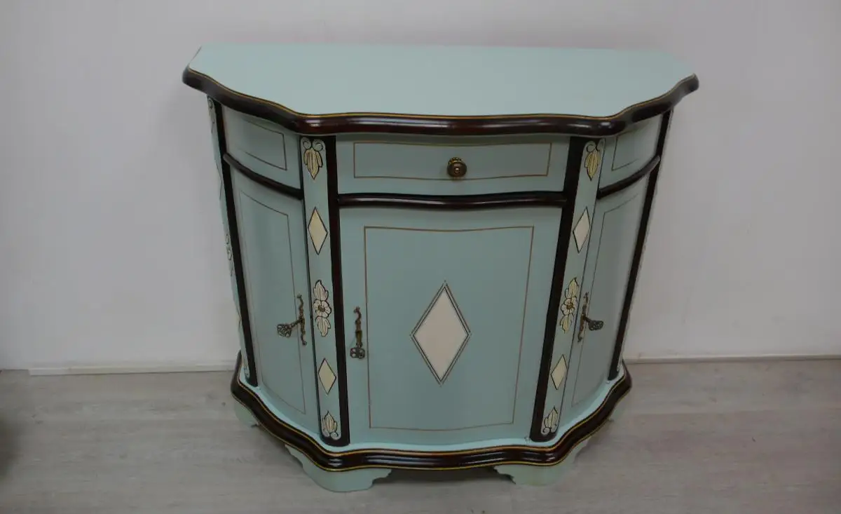 Sideboard Anrichte halbrund Antik Stil 3-türig in Mint auf Nuß dunkel, kunstvoll handbemalt 1