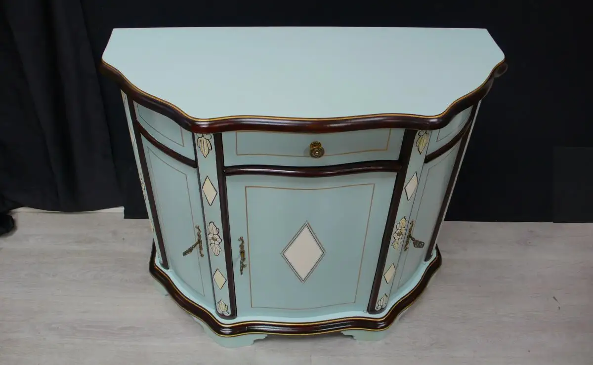 Sideboard Anrichte halbrund Antik Stil 3-türig in Mint auf Nuß dunkel, kunstvoll handbemalt 3