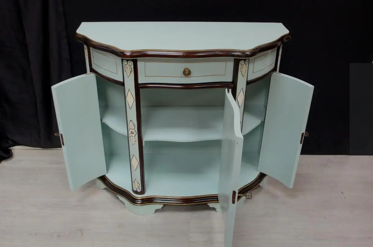 Sideboard Anrichte halbrund Antik Stil 3-türig in Mint auf Nuß dunkel, kunstvoll handbemalt 4