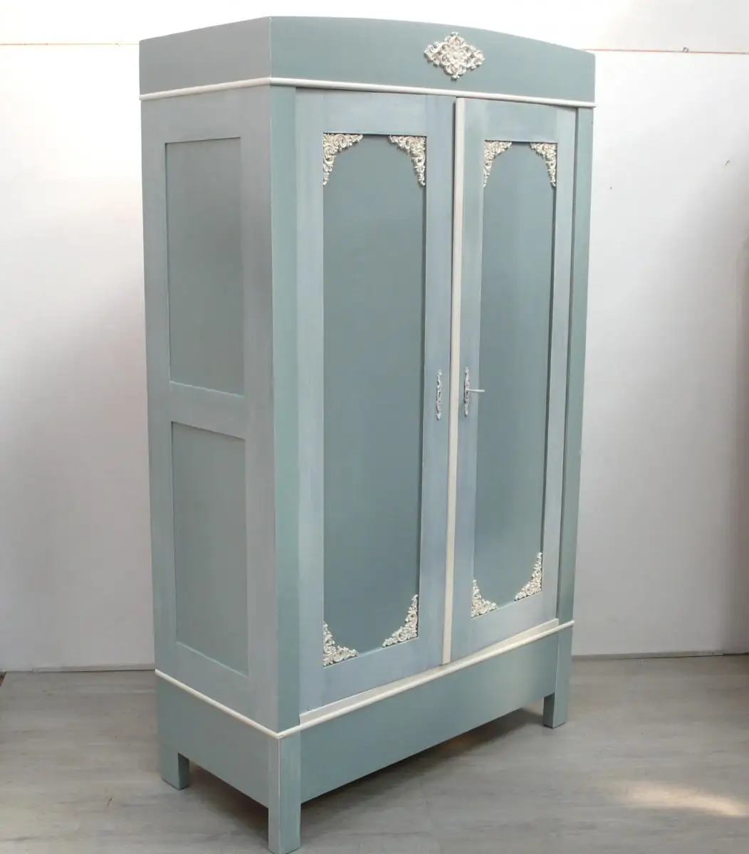 Dielenschrank Kleiderschrank Weichholz 2 Türen von 1930, in Shabby Mint + Weiß 2