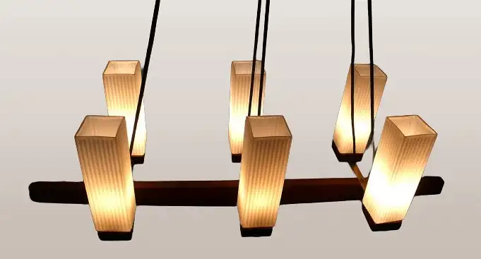 60er Teak Hängelampe 6-flammig, Teak Balken + weiße Glasröhren gerillt, Mid Century Modern, German Modern / Danish Modern ? 1