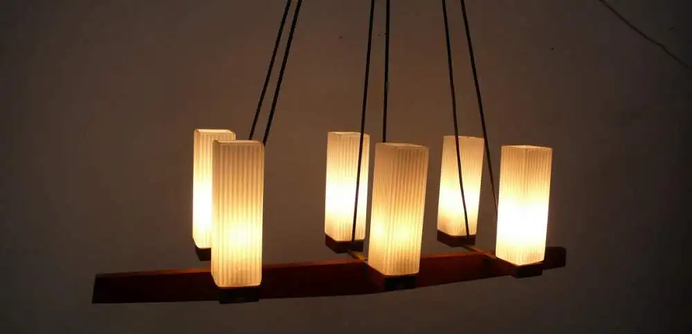 60er Teak Hängelampe 6-flammig, Teak Balken + weiße Glasröhren gerillt, Mid Century Modern, German Modern / Danish Modern ? 4