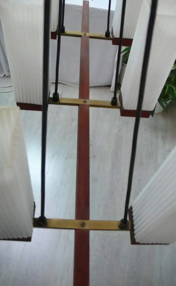 60er Teak Hängelampe 6-flammig, Teak Balken + weiße Glasröhren gerillt, Mid Century Modern, German Modern / Danish Modern ? 6