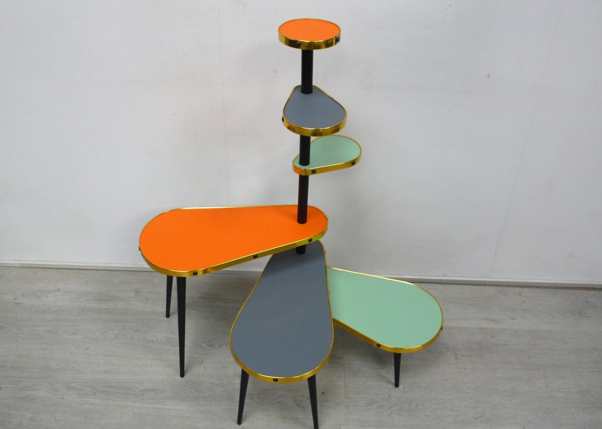 50er 60er Großer Blumenständer Dreieck Form, Blumen Etagere 6 Ebenen, Orange Grau Grün, Nierentisch Rockabilly Mid Century Ära 2
