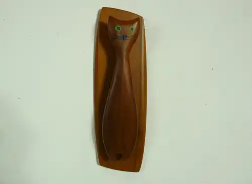 50er 60er Teak Kleiderbürste als Katze Wandhänge Set mit Teak Rückwand Mid Century Modern