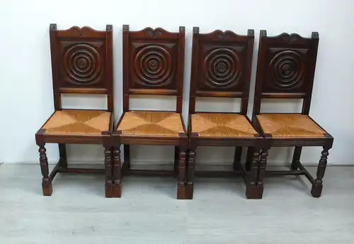 4 Antike Stühle, Dunkles Holz mit Weide Sitzfläche, Jugendstil, Belgischer Kolonialstil