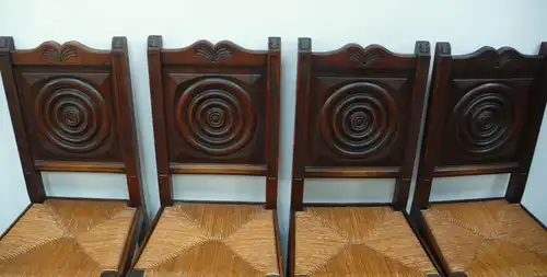 4 Antike Stühle, Dunkles Holz mit Weide Sitzfläche, Jugendstil, Belgischer Kolonialstil