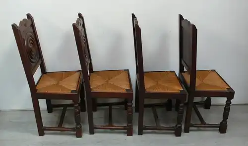4 Antike Stühle, Dunkles Holz mit Weide Sitzfläche, Jugendstil, Belgischer Kolonialstil