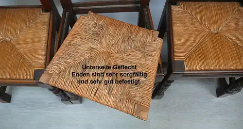 4 Antike Stühle, Dunkles Holz mit Weide Sitzfläche, Jugendstil, Belgischer Kolonialstil