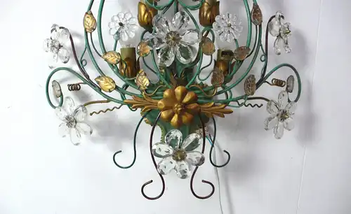 Große Kristall Wandlampe Grünes Patina Metall + Kristall-Blüten, 5-flg, Florentinischer Stil, Veralux Italien