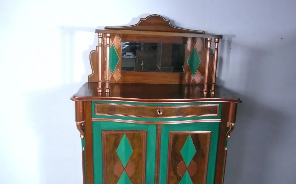 VERTIKO mit Spiegelaufsatz, 1900er Jugendstil, Nußbaum+Kupfer+Grün, kunstvoll überarbeitet 4