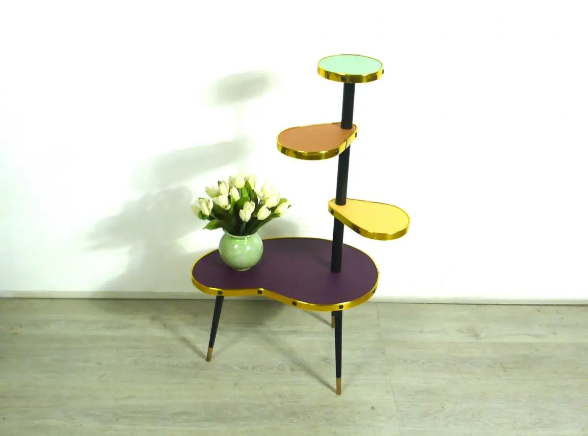 50er 60er Blumenständer Nierenform Etagere 4 Ebenen, Brombeer Gelb Braun Grün, Rockabilly Mid Century Modern 0