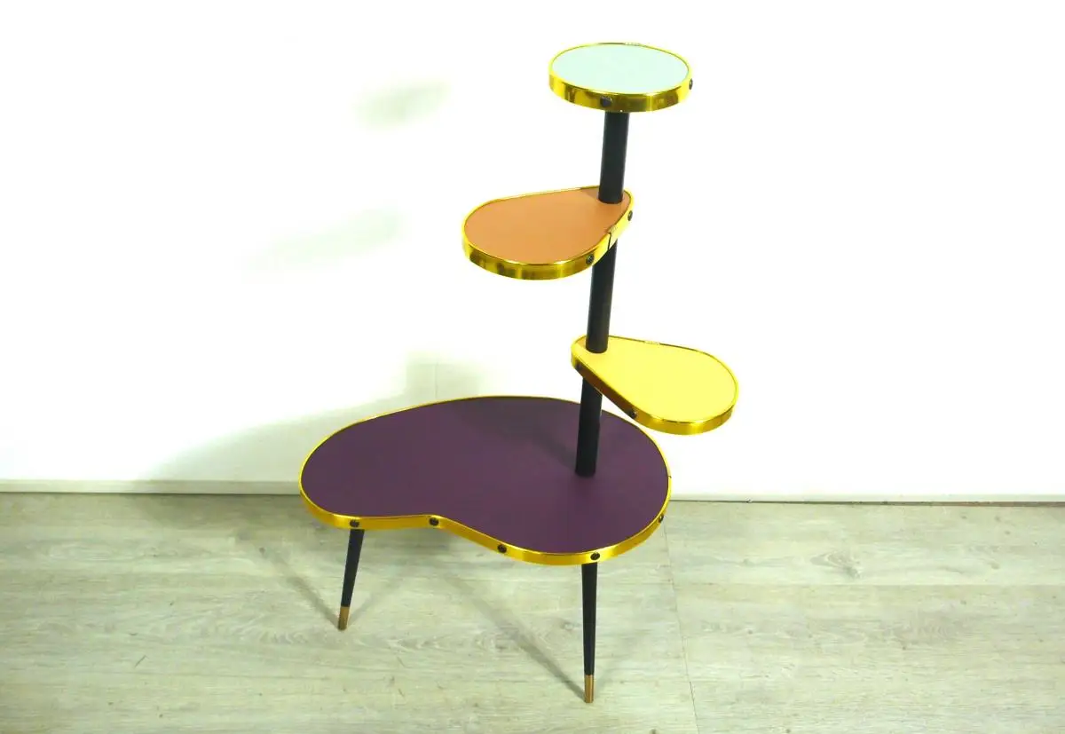 50er 60er Blumenständer Nierenform Etagere 4 Ebenen, Brombeer Gelb Braun Grün, Rockabilly Mid Century Modern 1