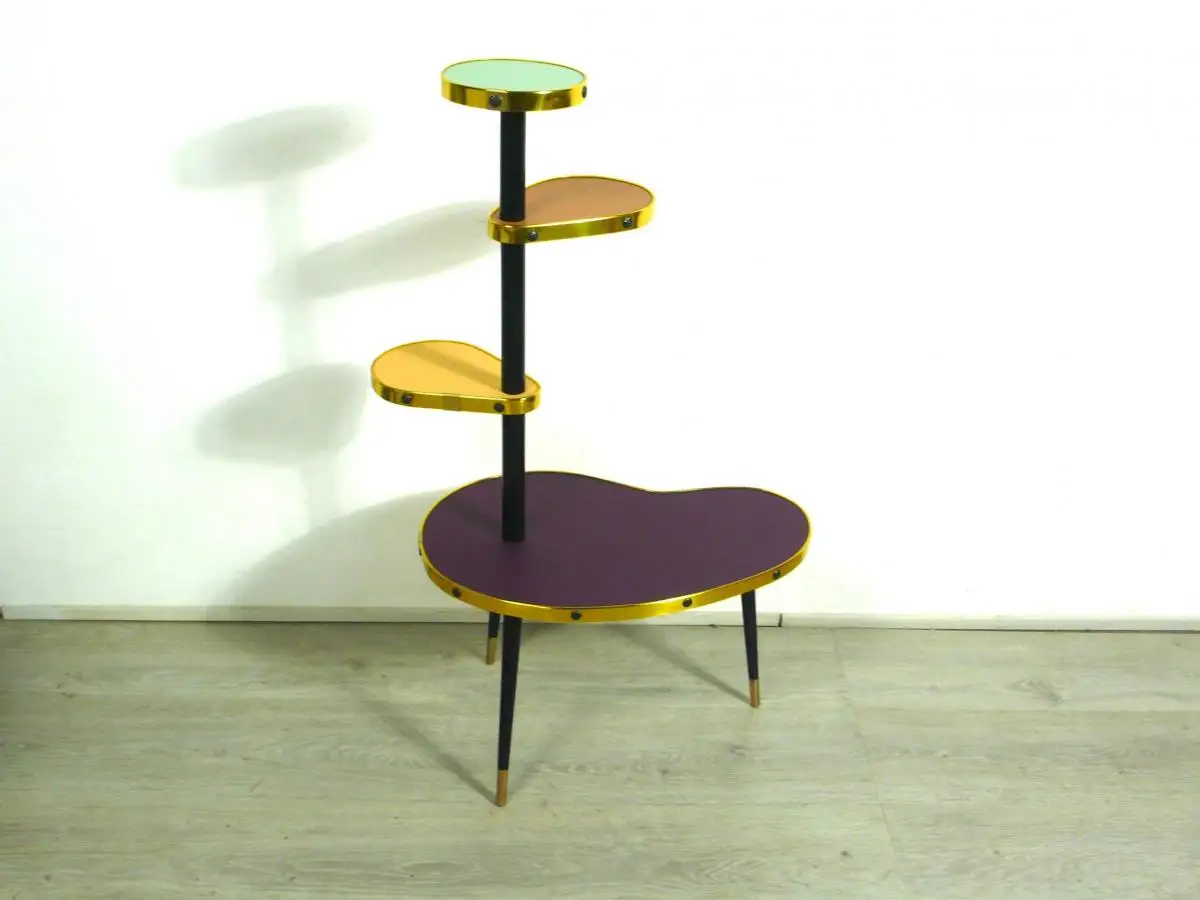 50er 60er Blumenständer Nierenform Etagere 4 Ebenen, Brombeer Gelb Braun Grün, Rockabilly Mid Century Modern 3