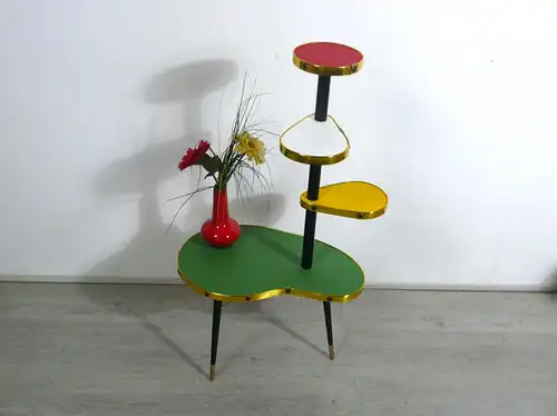 50er 60er Blumenständer Nierenform Etagere 4 Ebenen, Grün Gelb Weiß Rot, Rockabilly Mid Century Modern