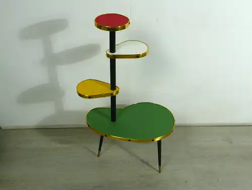 50er 60er Blumenständer Nierenform Etagere 4 Ebenen, Grün Gelb Weiß Rot, Rockabilly Mid Century Modern