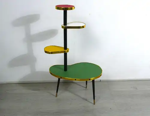 50er 60er Blumenständer Nierenform Etagere 4 Ebenen, Grün Gelb Weiß Rot, Rockabilly Mid Century Modern