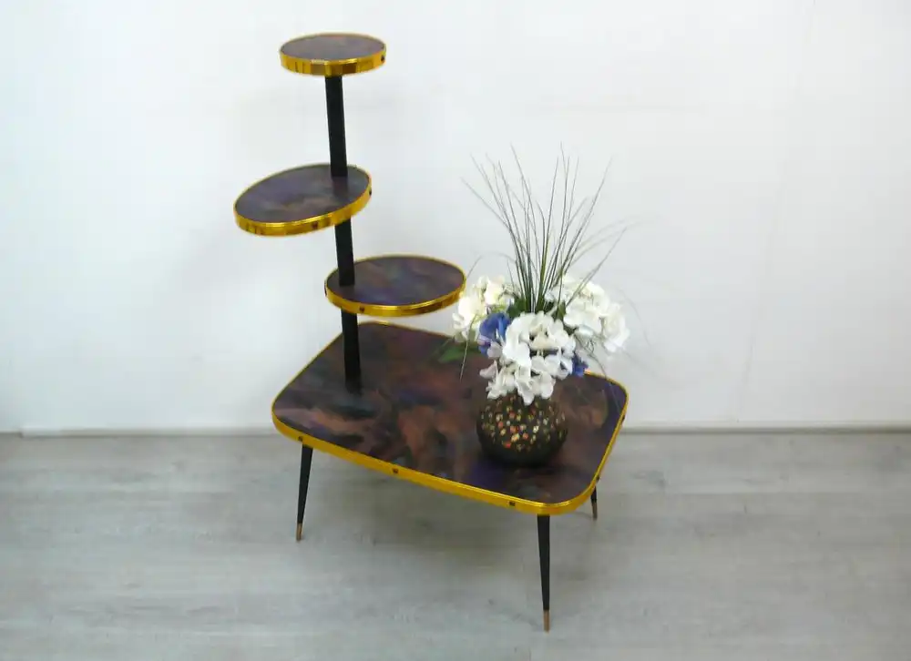 50er 60er Blumenständer Rechteckform Etagere 4 Ebenen, Marmorierung in Epoxit, Rockabilly Mid Century Modern 0