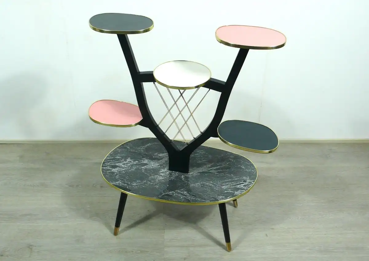 50er 60er Großer Blumenständer Nierenform Bugholz Etagere 6 Ebenen, Grau Pink Weiß Resoapl Rockabilly Mid Century Modern 1
