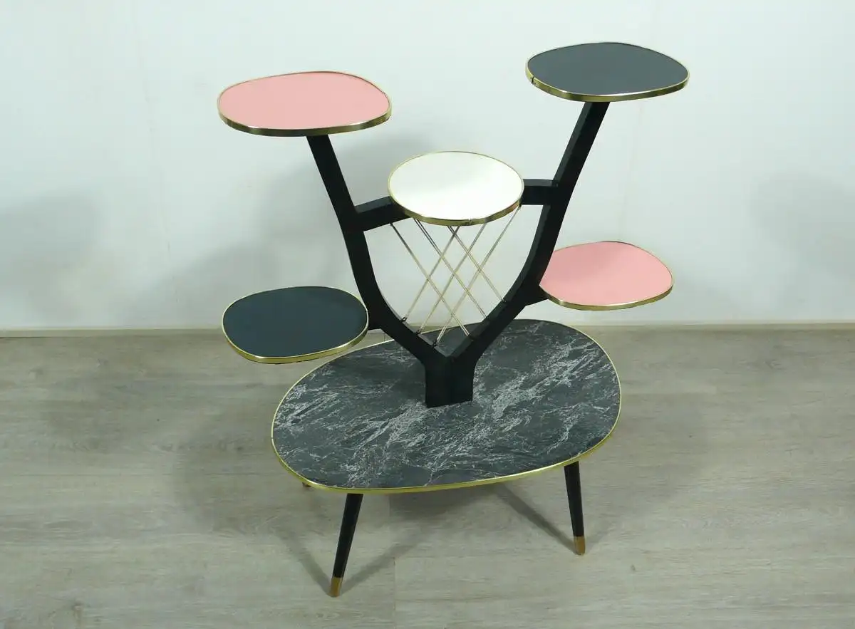50er 60er Großer Blumenständer Nierenform Bugholz Etagere 6 Ebenen, Grau Pink Weiß Resoapl Rockabilly Mid Century Modern 2