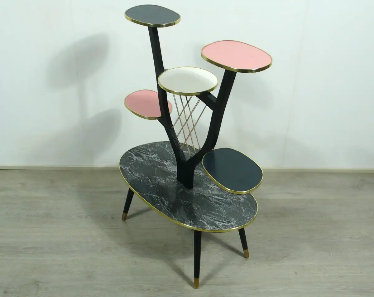 50er 60er Großer Blumenständer Nierenform Bugholz Etagere 6 Ebenen, Grau Pink Weiß Resoapl Rockabilly Mid Century Modern 3