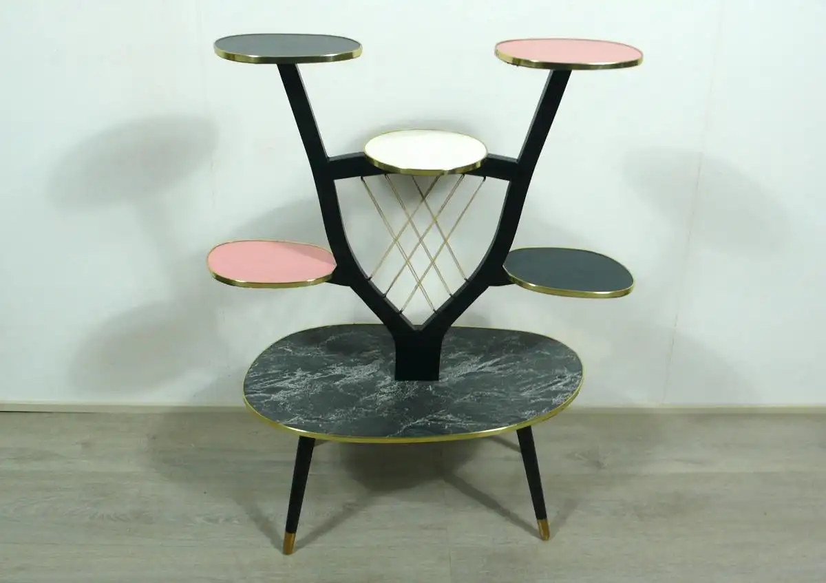 50er 60er Großer Blumenständer Nierenform Bugholz Etagere 6 Ebenen, Grau Pink Weiß Resoapl Rockabilly Mid Century Modern 4