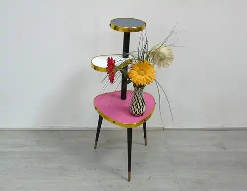 50er 60er Blumenständer Dreieckform Etagere 3 Ebenen, Pink Weiß Grau, Rockabilly Mid Century Modern