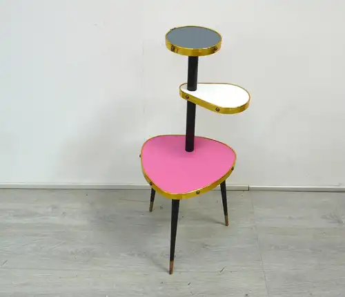 50er 60er Blumenständer Dreieckform Etagere 3 Ebenen, Pink Weiß Grau, Rockabilly Mid Century Modern