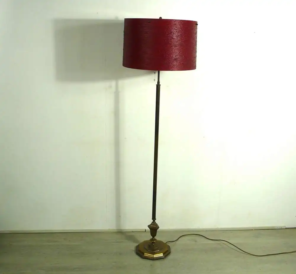 70er Stehlampe Messingfuß + Dunkelroter runder Topf Lampenschirm 1
