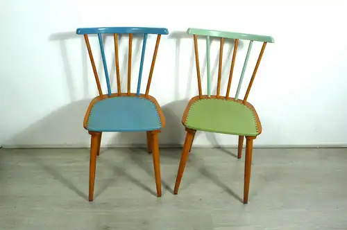 2 Stühle 50er 60er Buche Stablehne, Vinyl Sitzflächen Grün + Blau, Rockabilly Mid Century Modern