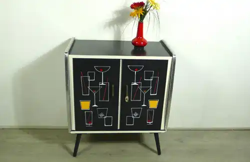 50er Hausbar Sideboard 2-türig, Dunkelgrau mit Weiß und Tür Dekor, Rockabilly Ära Mid Century Modern